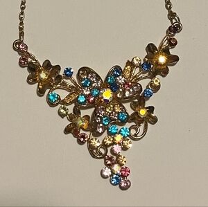 Betsey Johnson Butterfly Garden Statement Necklace in Gold with Crystal Accents